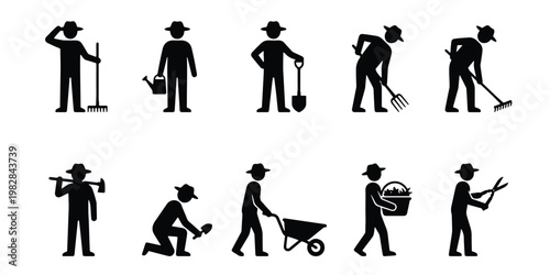 Gardening silhouette icon set, 10 farmer and gardener stick figures with tools, agricultural worker vector illustrations for landscaping and farming