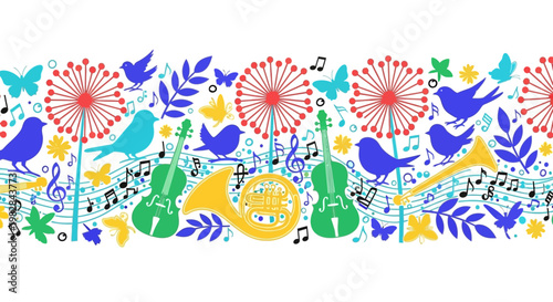 Vibrant musical scene with birds, flowers, guitars, and notes in a lively outdoor setting.