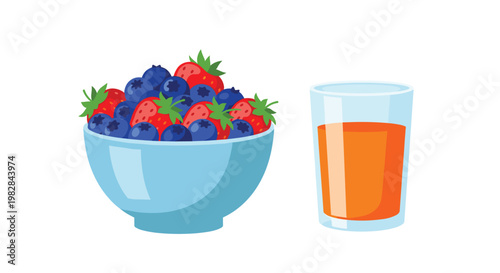 A vibrant blue bowl overflowing with fresh strawberries and blueberries sits next to a tall glass of bright orange juice against a white background now.