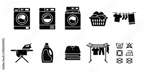 Laundry service icon set, washing machine and dryer vector symbols, household chore icons for cleaning and garment care, 10 black solid elements