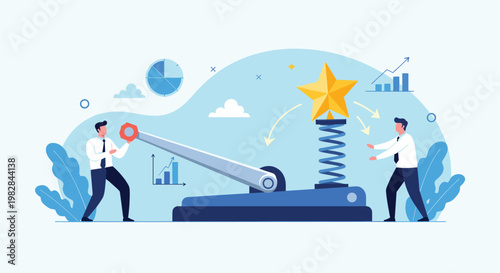 Professional team uses mechanical lever and spring to launch bright yellow star for reaching success and achieving corporate milestones.