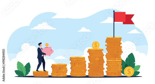 Dedicated professional placing gold coin into pink piggy bank on rising staircase of money symbolizes long term savings and wealth.