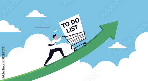 Determined businessman pushing shopping cart with to do list up rising green arrow represents productivity and achieving daily goals.