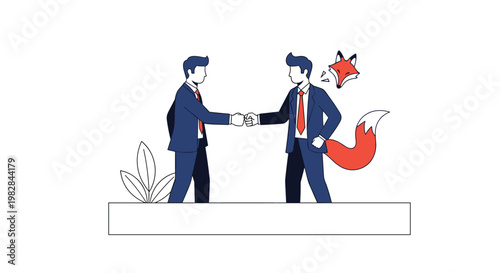 Two professional businessmen making fist bump agreement while fox head and tail appears behind one represents cunning deal making.