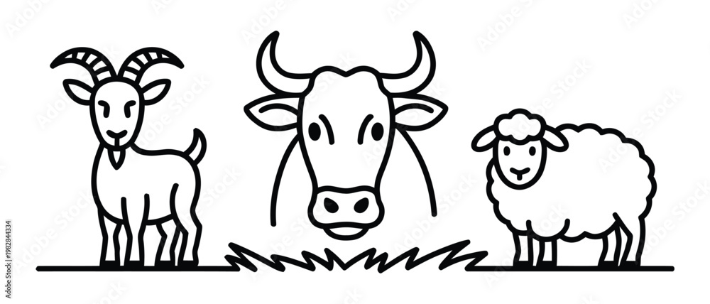 Obraz premium Three farm animals standing on grass, line art