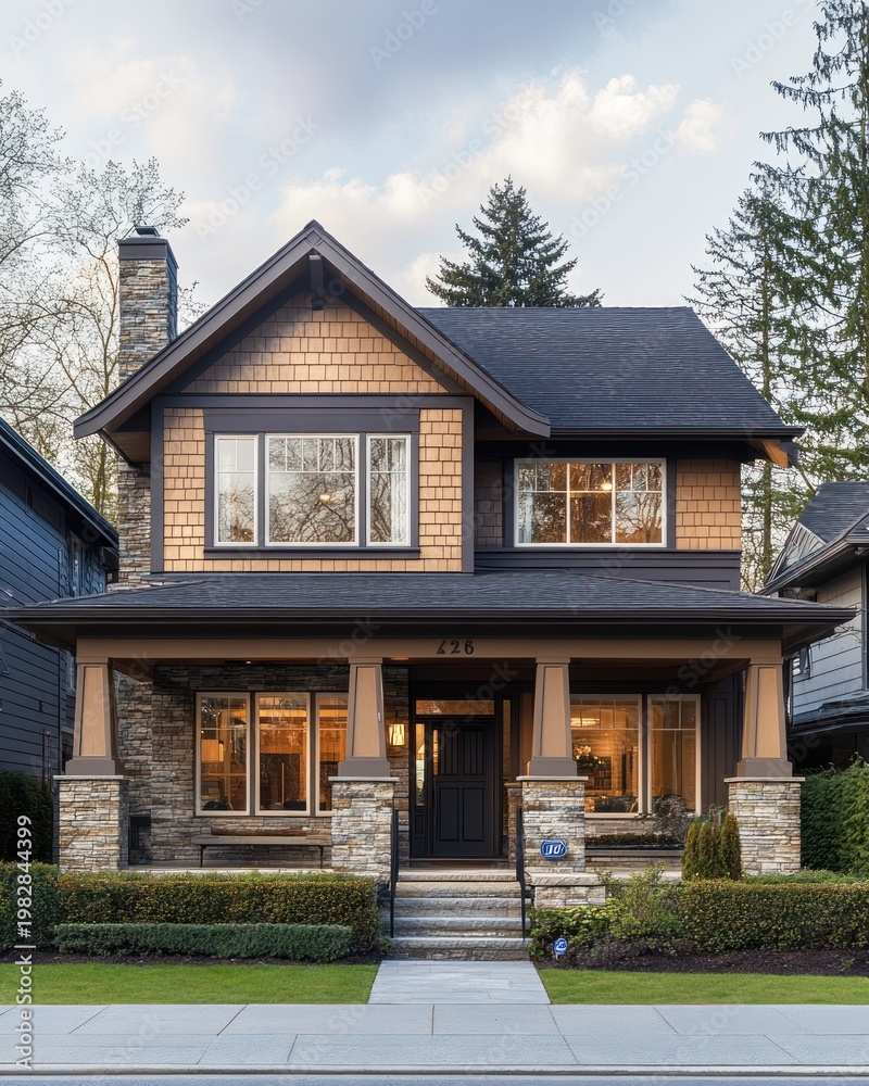 Fototapeta premium Inviting two-story craftsman home with stone pillars, covered porch, warm glowing windows, manicured hedges and front steps at twilight