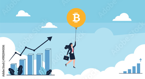 Confident businesswoman floating with large bitcoin balloon over growth charts represents success in digital currency market trends.