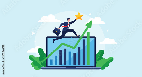 Energetic businessman jumping over laptop with rising bar charts to reach gold star represents digital success and achievement.