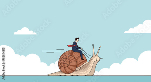 Businessman riding large snail through clouds represents slow but steady progress and patience in achieving long term career goals.