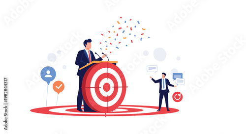 Professional speaker at podium with large target symbol and falling confetti represents successful marketing or political campaign.