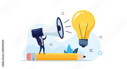Tiny professional standing on yellow pencil using megaphone toward giant lightbulb represents spreading new creative business ideas.