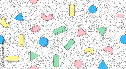 Colorful geometric shapes scattered on a textured surface background