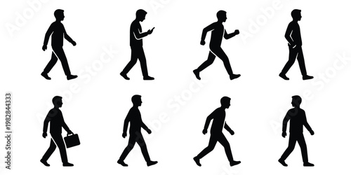 Walking man silhouette set, black male figures in motion, collection of 8 people walking and running icons, human movement vector graphics