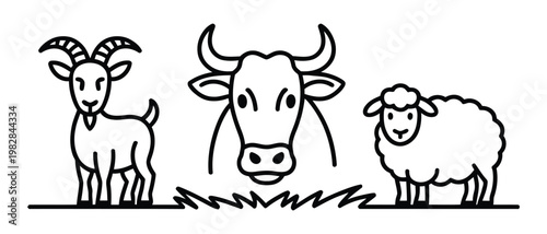 Three farm animals standing on grass, line art