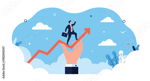 Determined corporate employee reaches new heights while walking up a growth arrow supported by a helping giant hand in the sky.