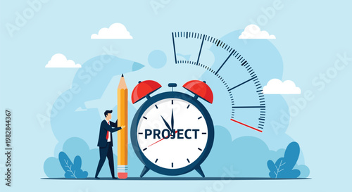 Focused project manager uses a giant pencil to manage his time effectively next to a large alarm clock representing deadlines.