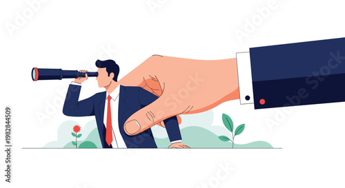 Giant corporate hand pushes a businessman forward while he looks through a telescope to scout for new market opportunities.