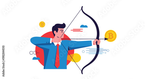 Professional businessman aims a bow and arrow directly at a gold bitcoin coin representing a targeted cryptocurrency investment.