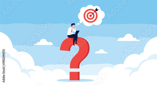 Thoughtful businessman sits on a giant red question mark and thinks about how to reach his target goal in the blue sky.