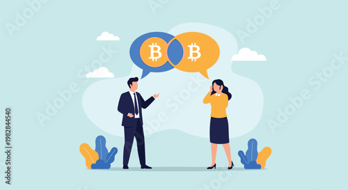 Business colleagues discuss digital currency with overlapping bitcoin speech bubbles representing a shared crypto vision.