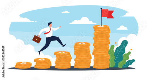 Ambitious businessman jumps across stacks of golden bitcoin coins to reach a red flag at the top representing a financial goal.