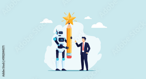 Modern robot and a businessman collaborate to hold a large yellow pencil topped with a golden star symbolizing a creative partnership.