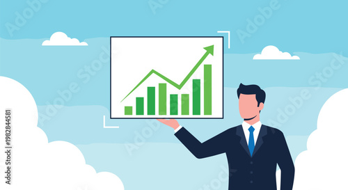Professional businessman presents a white board showing a green bar graph with an upward trending arrow against a cloudy sky background.