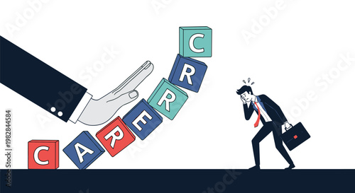 Giant hand in a suit pushes over a stack of colorful blocks spelling career as a discouraged businessman walks away with his briefcase.