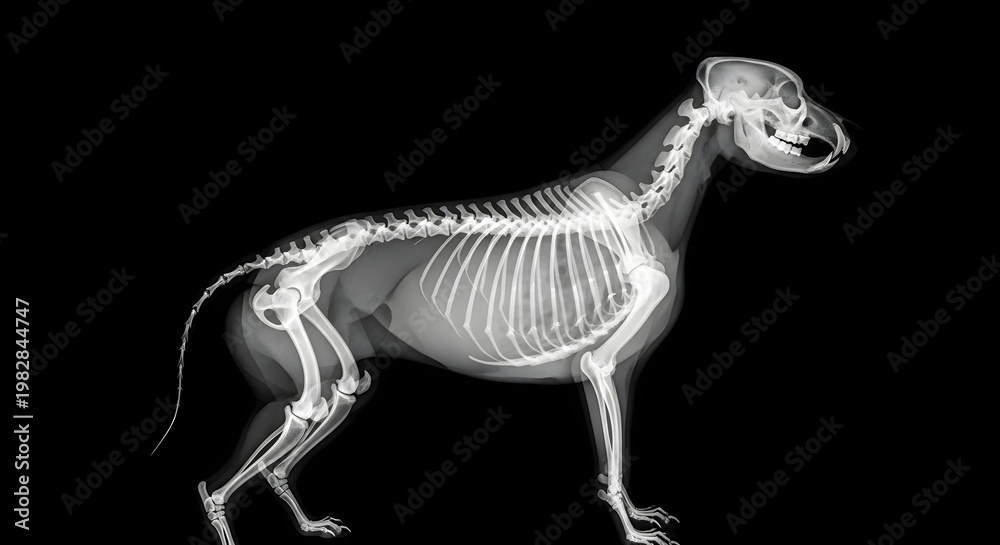 Fototapeta premium Dog skeleton x ray image against black background scientific veterinary study