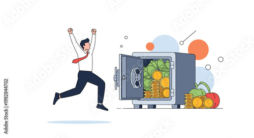Enthusiastic businessman jumps for joy beside an open metal safe overflowing with stacks of green cash and gold coins for a big profit.