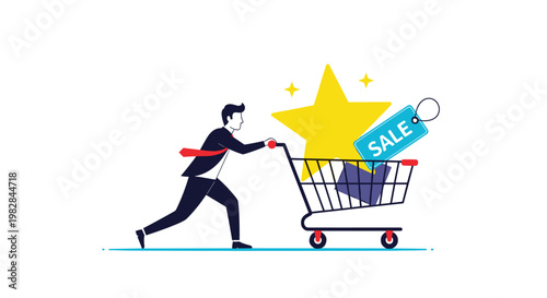 Businessman in a suit pushes a red shopping cart containing a large golden star and a blue sale tag for a successful shopping spree.