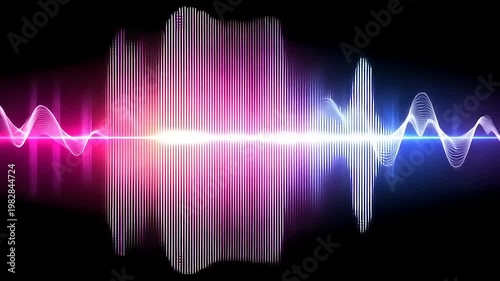 Vibrant sound wave graphic with pink and blue hues on black background.