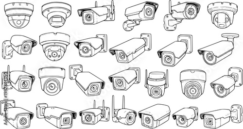 Diverse Collection of Security Cameras in Line Art Style