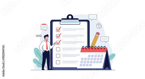 Professional businessman stands beside a massive clipboard with a checklist and a calendar representing effective project planning tasks.