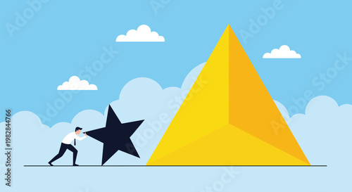 Determined businessman uses all his strength to push a large black star towards a giant yellow pyramid for his ultimate business goal.