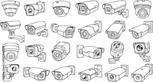 Hand-Drawn CCTV Security Cameras Collection. Line art sketches of various surveillance system types including dome, bullet, box, and PTZ cameras on white background.