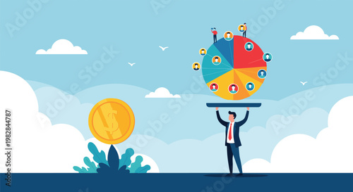 Businessman holding a large colorful pie chart with people icons to represent target audience and market segmentation analysis results.