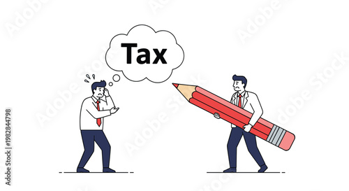 Stressed businessman thinking about tax while another professional holds a giant pencil to calculate or reduce financial burdens at work.