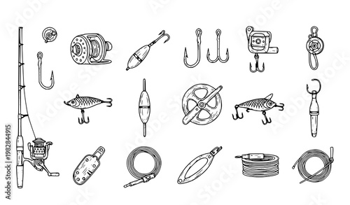 Fishing tackle sketch set vector rods reels hooks lures and accessories sports fishing equipment