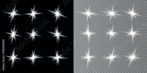 A collection of bright white starbursts and sparkles displayed on both black and gray backgrounds high-quality professional