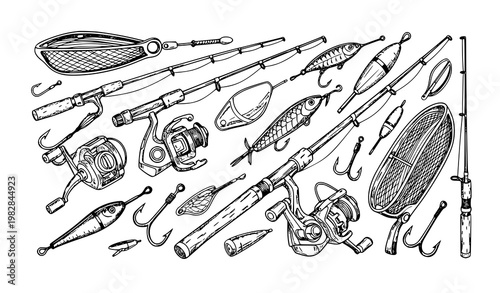 Hand drawn fishing tackle collection sketch vector rods reels hooks lures dynamic set