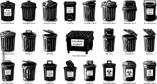 Collection of Various Types of Trash Cans and Bins, Illustrated for Design and Commercial Use