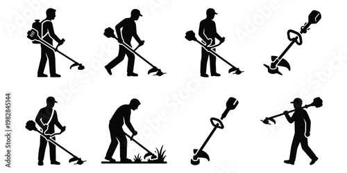 Lawn trimmer silhouette icons, professional gardener using string trimmer vector set, landscaping worker with grass cutter equipment