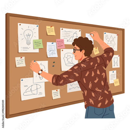 A man is pinning notes on a large bulletin board with various papers.