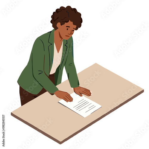 A woman standing indoors examining a document on a table closely.