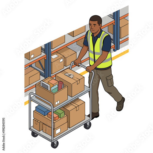 A worker pushing a loaded cart through a warehouse aisle with shelves