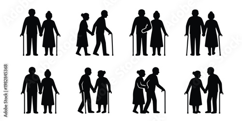 Elderly couple silhouettes with walking sticks, senior people walking together vector set, retired man and woman figures for healthcare and aging concepts