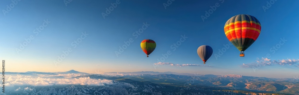 Obraz premium Three colorful hot air balloons floating above a sea of clouds and sunlit rugged mountains at dawn, evoking peaceful awe and a sense of freedom