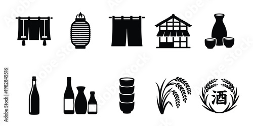 Japanese sake culture icon set, traditional izakaya restaurant symbols, 10 black vector elements including rice stalks and sake bottles