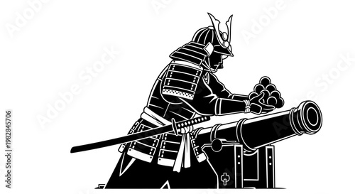 Samurai Warrior Loading Cannon with Cannonballs, Historical Warfare Illustration